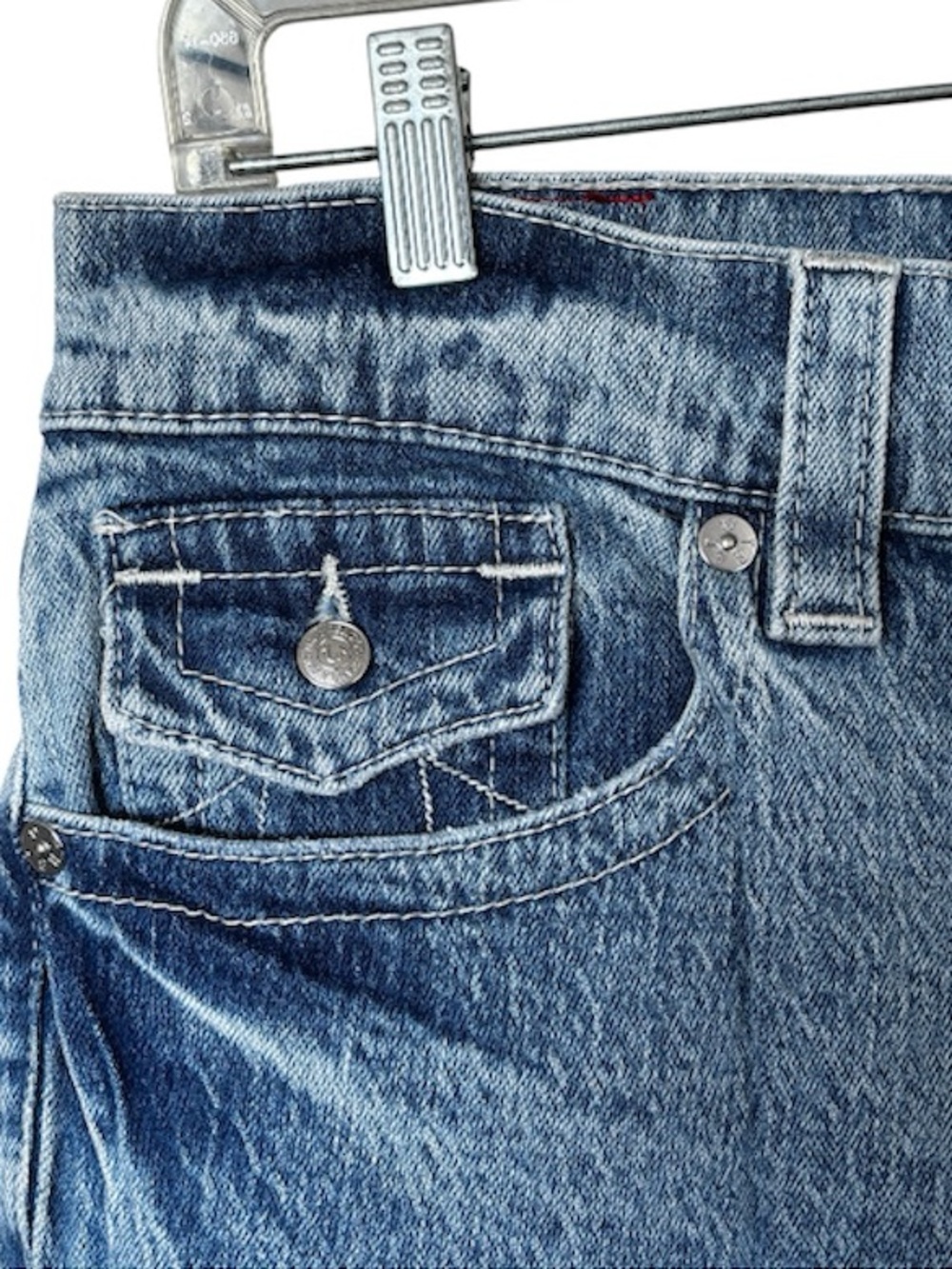 True Religion Ricki Relaxed Straight Jeans 29 Light Wash Painted Pockets Y2K - Picture 9 of 13